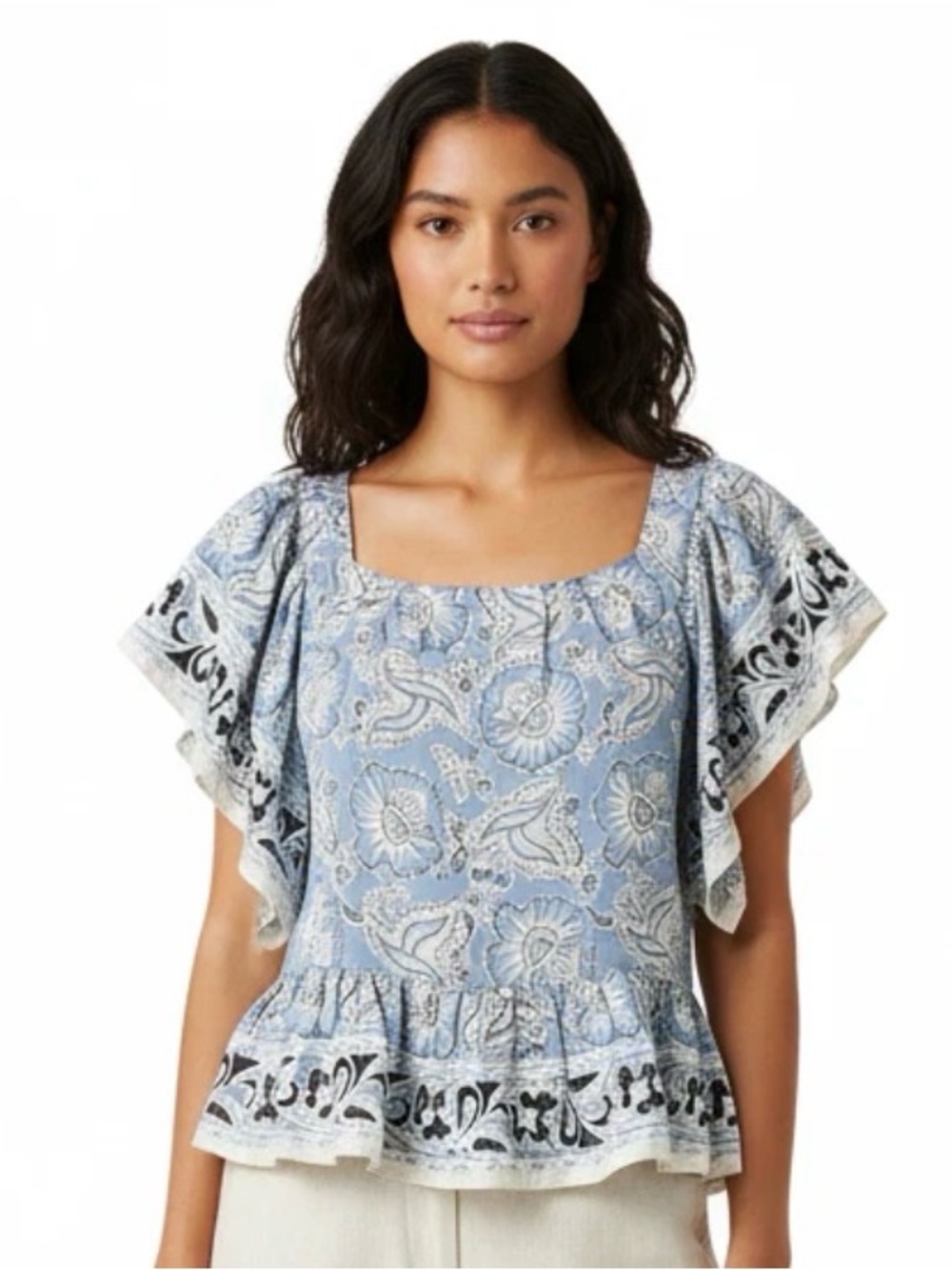 Anna Sui + Anthropologie Light Blue Floral Tunic with Black & White Accents